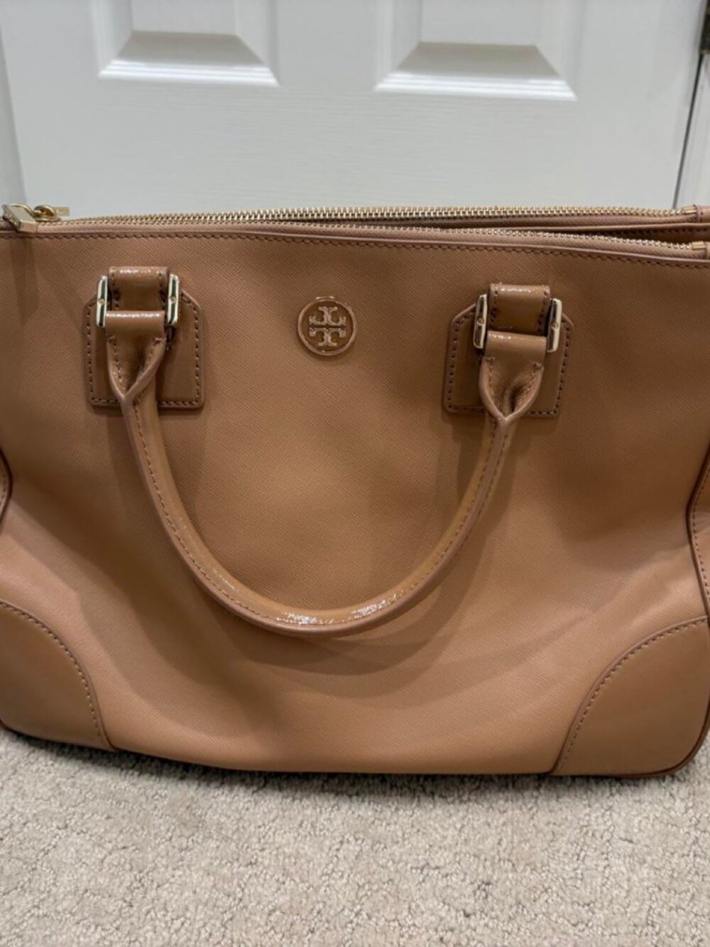 Tory Burch Tan Leather Tote Bag Gold Hardware 3 Compartments Like New